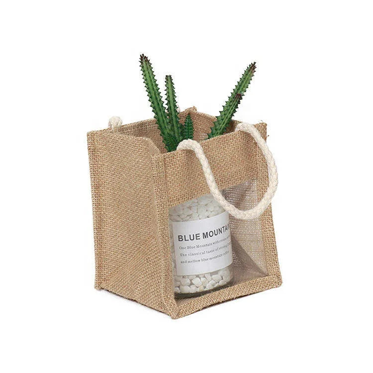 Wholesale Fashion Design Eco-friendly Reusable Small Gift Jute Bag With clear Window