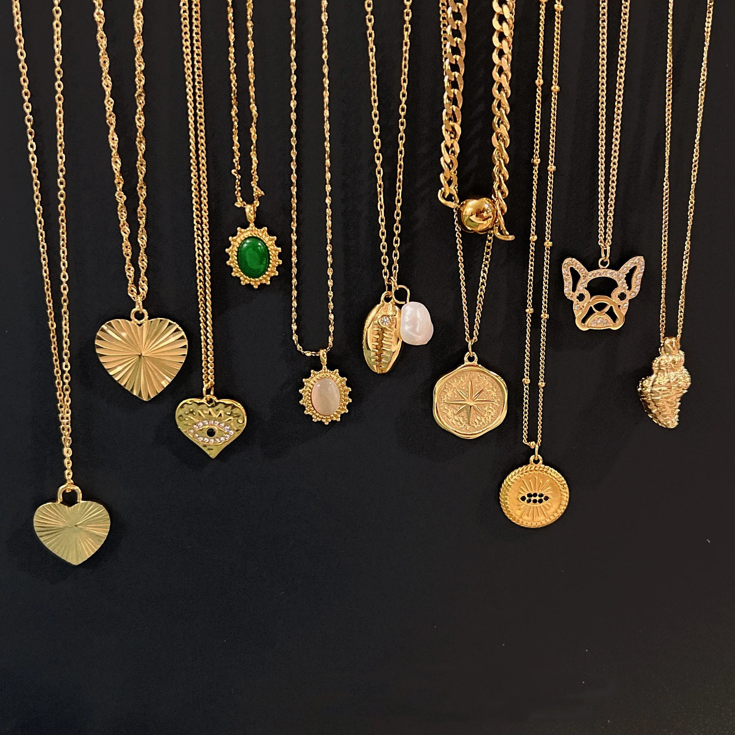 18k Gold North Star Compass Necklace Texture Love Heart Choker Eye Charm Conch Shell Pearl Jewelry Diamonds Green Opals Necklace