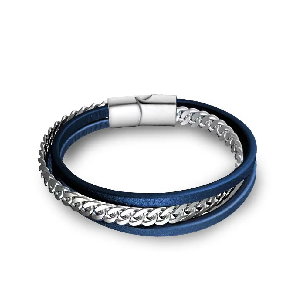 New Arrive Fashion Stainless Steel Three Layer Leather Rope Magnetic Buckle Hip Hop Vintage Men's Personalized Gift Bracelet