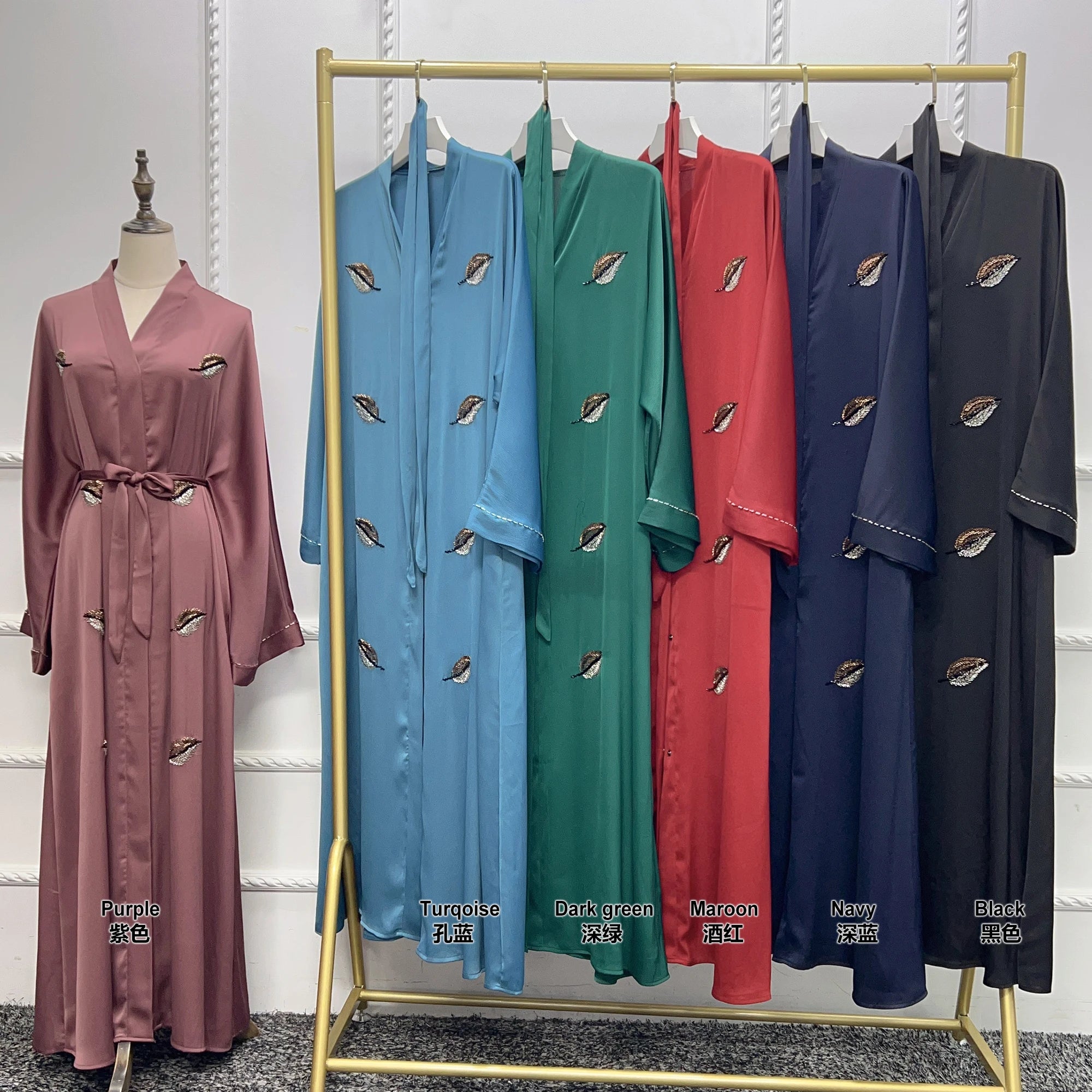 Loriya Luxury Satin Abaya Leaf Patterned Black Abaya Islamic Clothing Women's Clothing Abaya Dubai 2024
