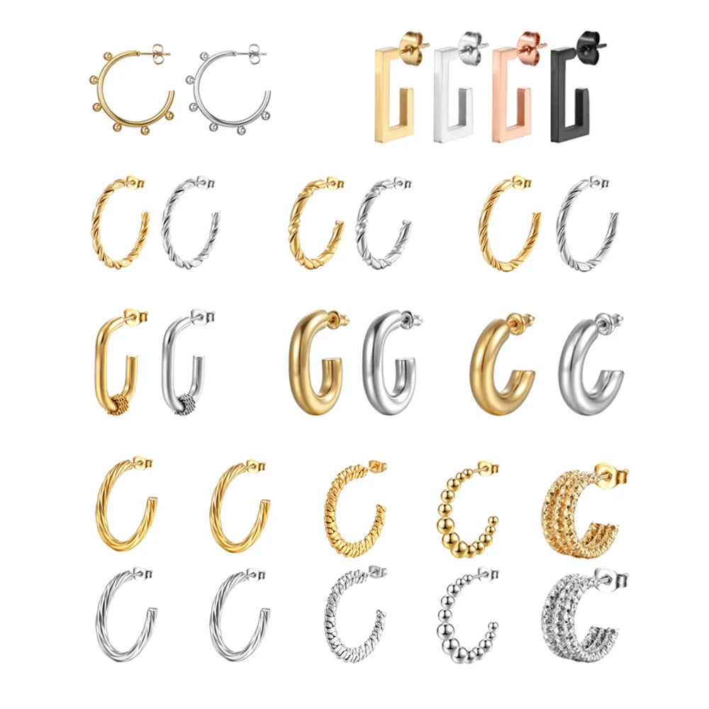 Classic 18k Gold Plated Stainless Steel Chunky Twist Statement C Shape Hoop Earrings Vintage Geometric Thick Plain Stud Earrings