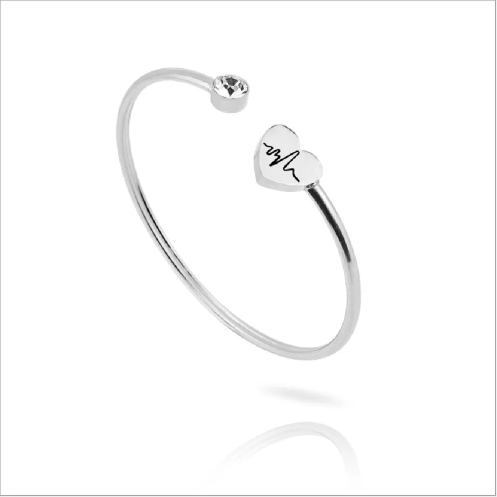 Fashion Matching Couple Elastic Peach Heart Bracelet Charm Open Bangle Stainless Steel Gift Bracelets Jewelry