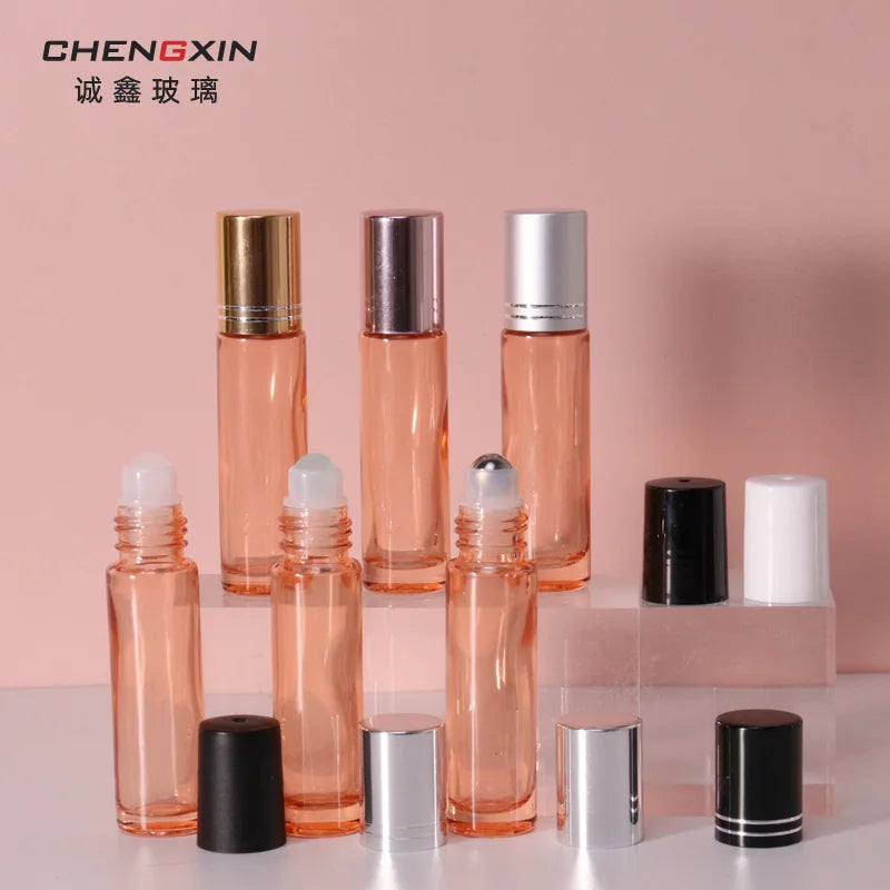 Wholesale 10ml Translucent Pink Glass Screen Printed Skin Care Serum Roll-On Bottle with Pull-Ring Sealing for Eye Massage