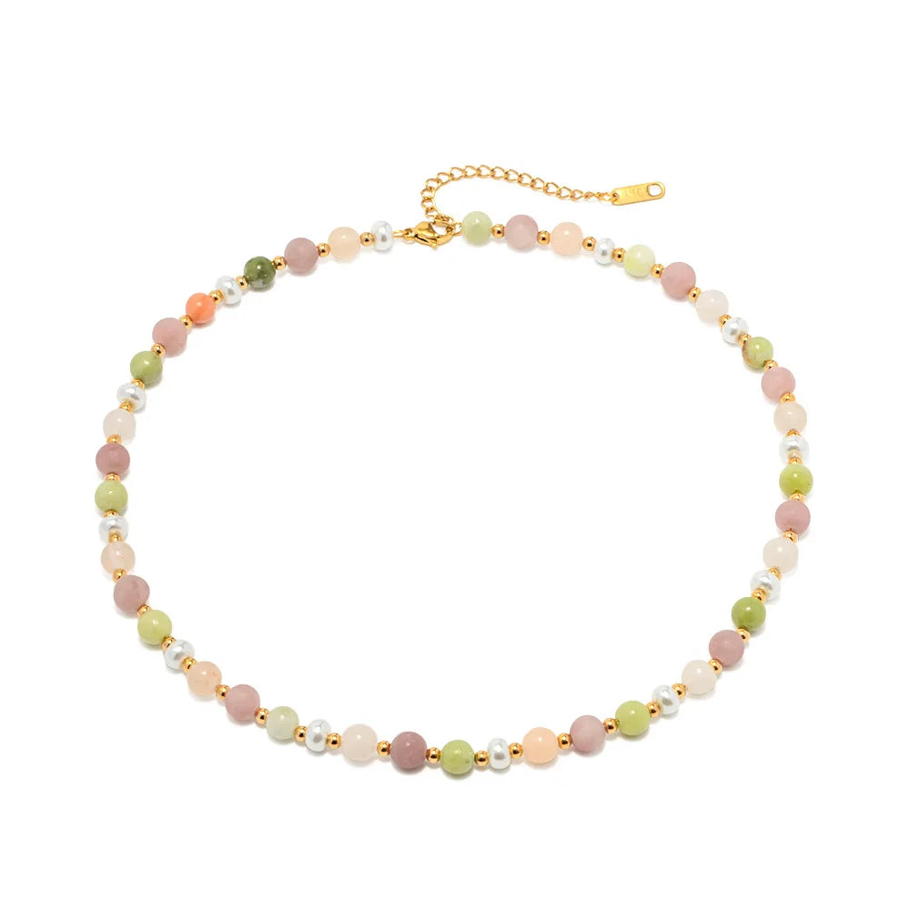 2024 Spring Summer Pearl Colorful Stone Beaded Neck Chain Waterproof Stainless Steel Fashion Necklace Jewelry