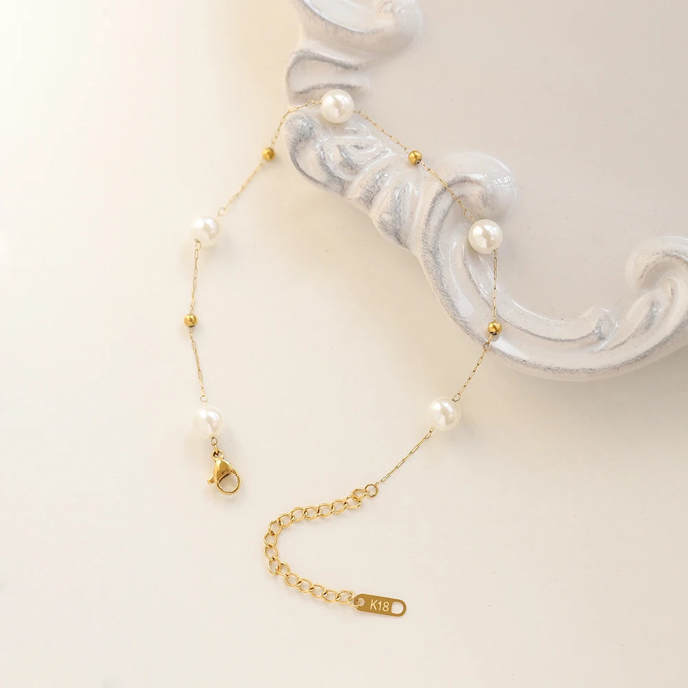 Summer Jewelry 18K Gold Plated Stainless Steel Waterproof Anklet Thin Chains Imitation Pearls Bracelet Anklets for Women
