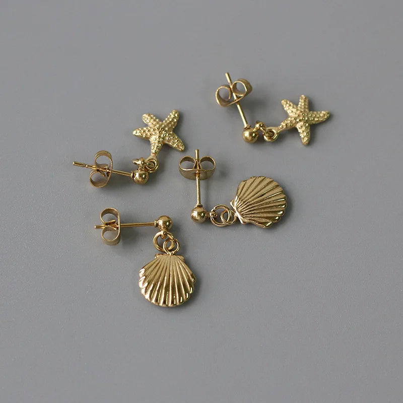 Hawaii Styles Stainless Steel Shell Starfish Sea Star Shape Pendant Stub Earrings