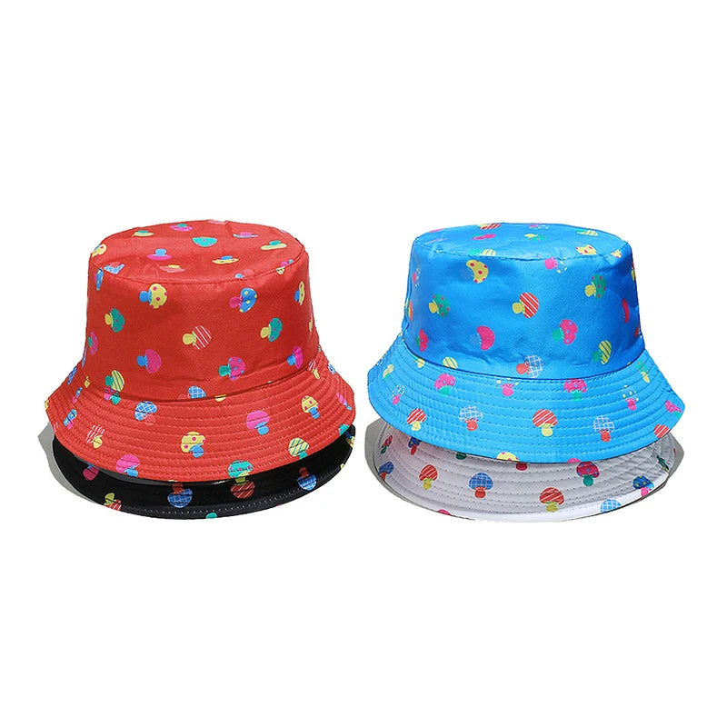 Landfond Double Sided Sun Hats Adult Cartoon Colorful Striped Polka Dot Mushroom Print Reversible Women Bucket Cap Hat