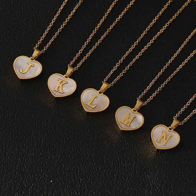Women's 26 Initial Letter Pendant Necklace Stainless Steel Alphabet & Heart Shape Shell Gold Plated Christian Religious Type
