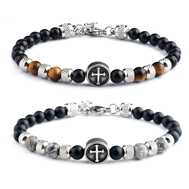 New Design Natural Stone Beads Cross Charm Bracelet Stainless Steel Clasp Custom Design Bracelets Jewelry for Men