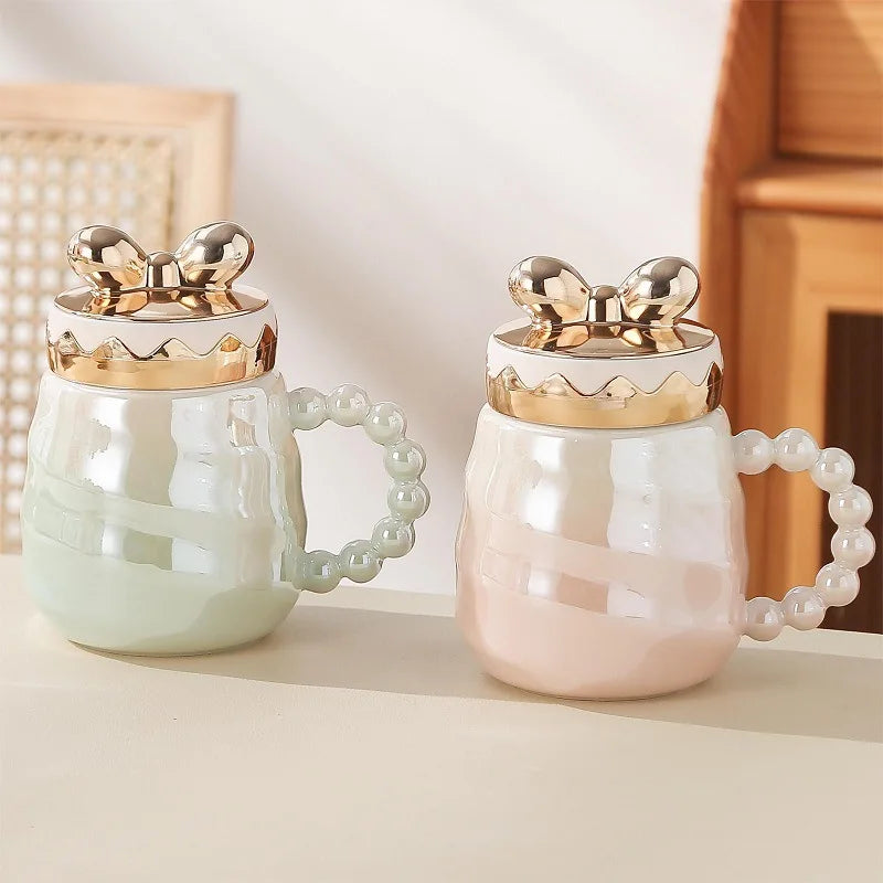 European Creative Pearl Glaze Bow Mug Niche Design Sense Large Capacity Mug With Lid