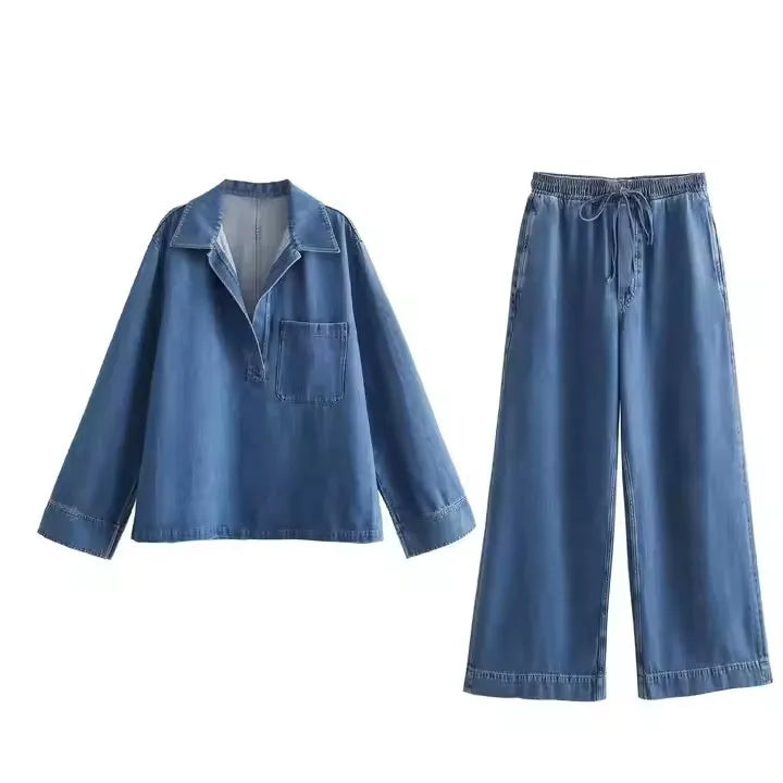 Summer Lady Outfits Women Long Sleeve Turndown Collar Pullover Wide Leg Pant Female Suit 2025 Spring Casual Denim Top Pants Sets