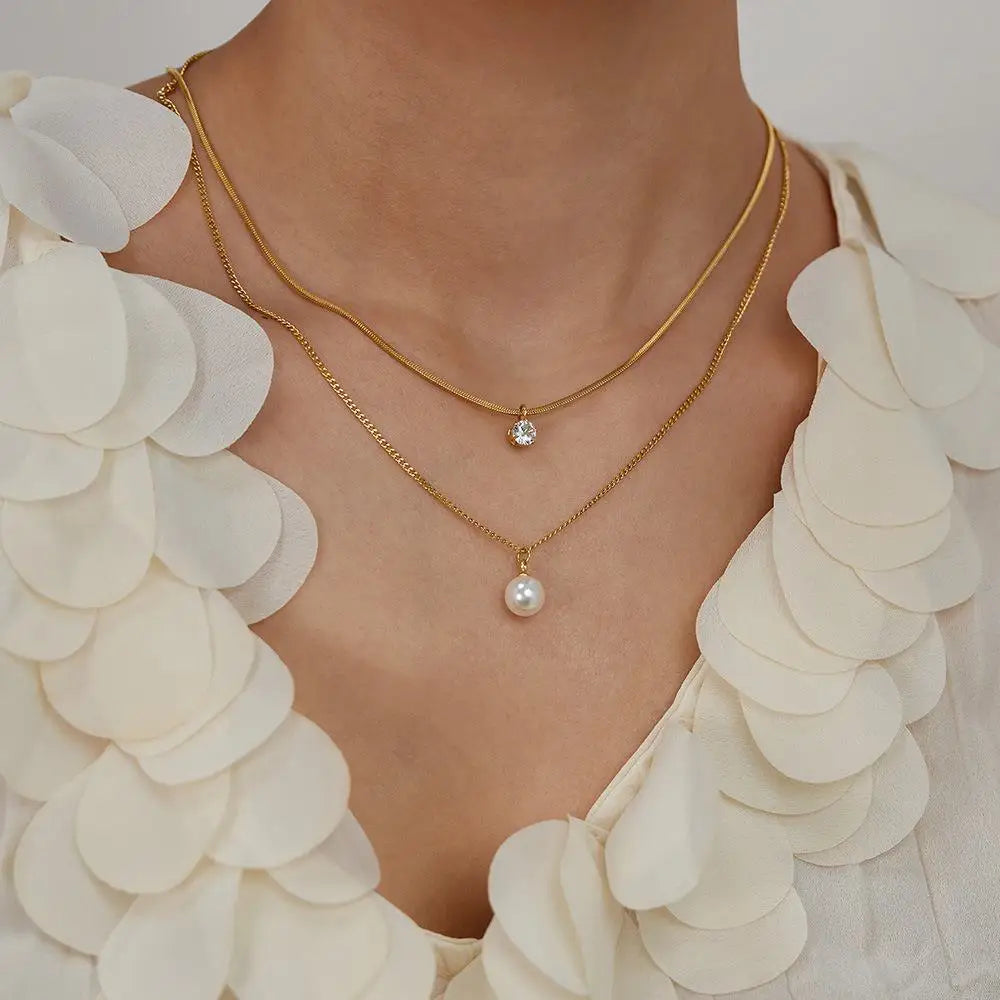Hot Selling Ladies' Stainless Steel Double Layer Chain Necklace Gold Plated Pearl Cubic Pendant Fashionable Fashion Necklaces