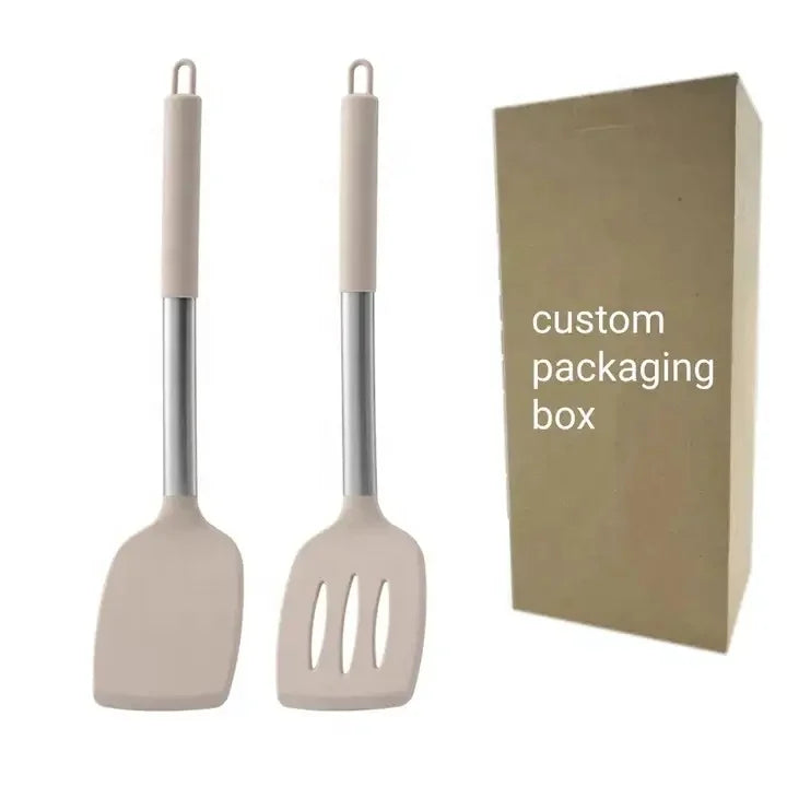 YJ Wonderful Non-Stick Pan Set Custom Stainless Steel Handle Heat Resistant Black Silicone Spatula Hollow Handle Silicone Shovel