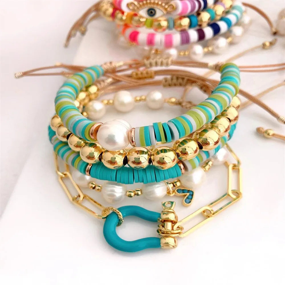 Jingcan Crystal  Bohemian Women Summer Clay Bead Customized Beaded Bracelet Exaggerated Adjustable Pearl Bead Bracelet Sets