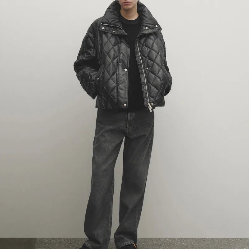 Custom Stand up Collar Slim Fit Diamond Pattern Two Side Pockets Puffer Jacket