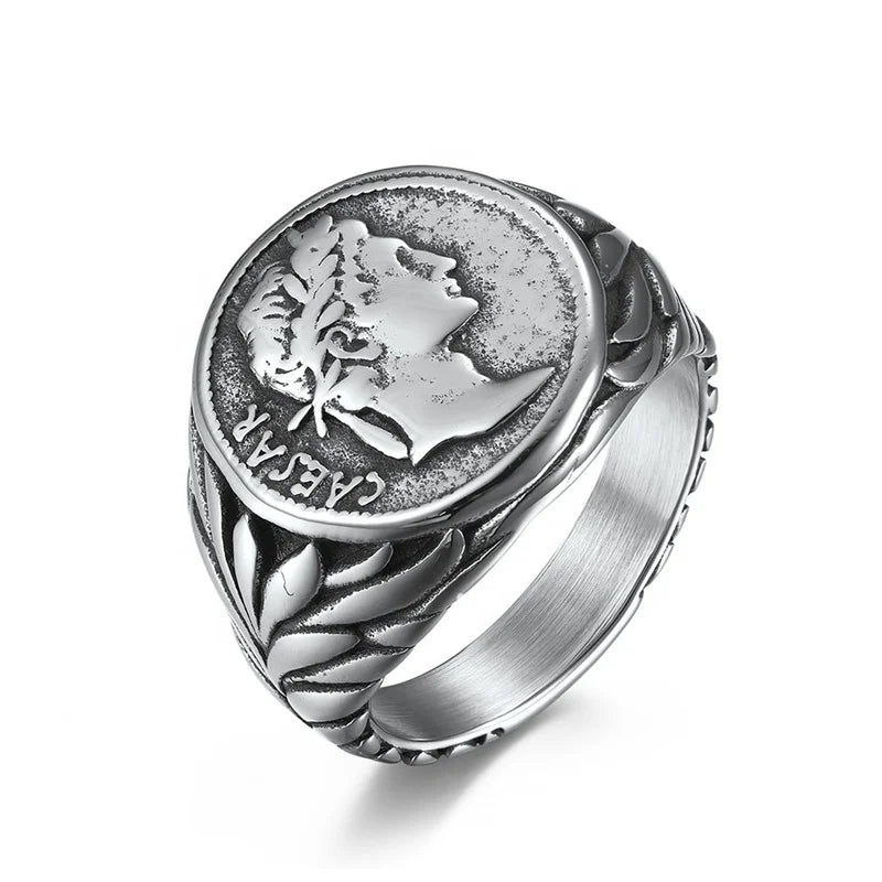 MECYLIFE European Jewelry Emperor Julius Caesar Head Ring for Men Stainless Steel Rings Signet Ring