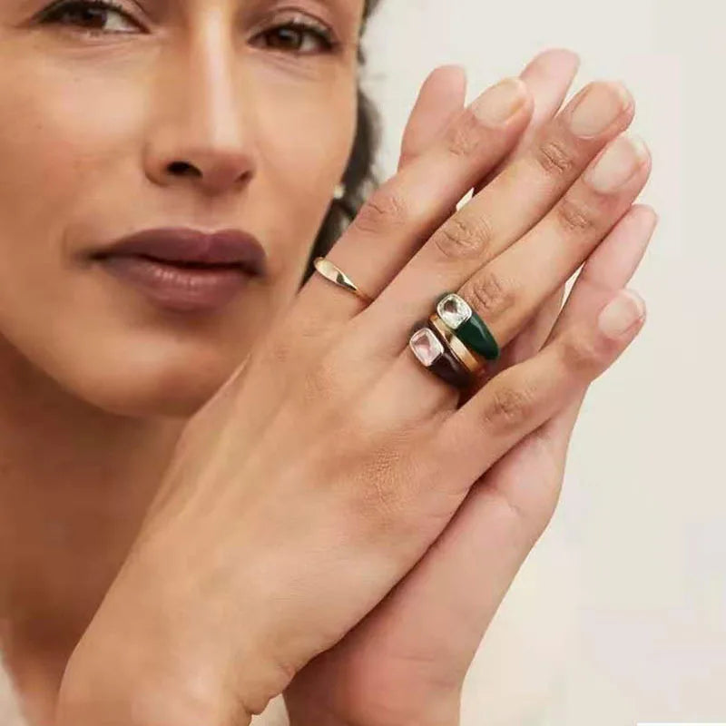 Big Resctangular Zircon CZ Stone Stainless Steel Green Black Enamel Signet Ring