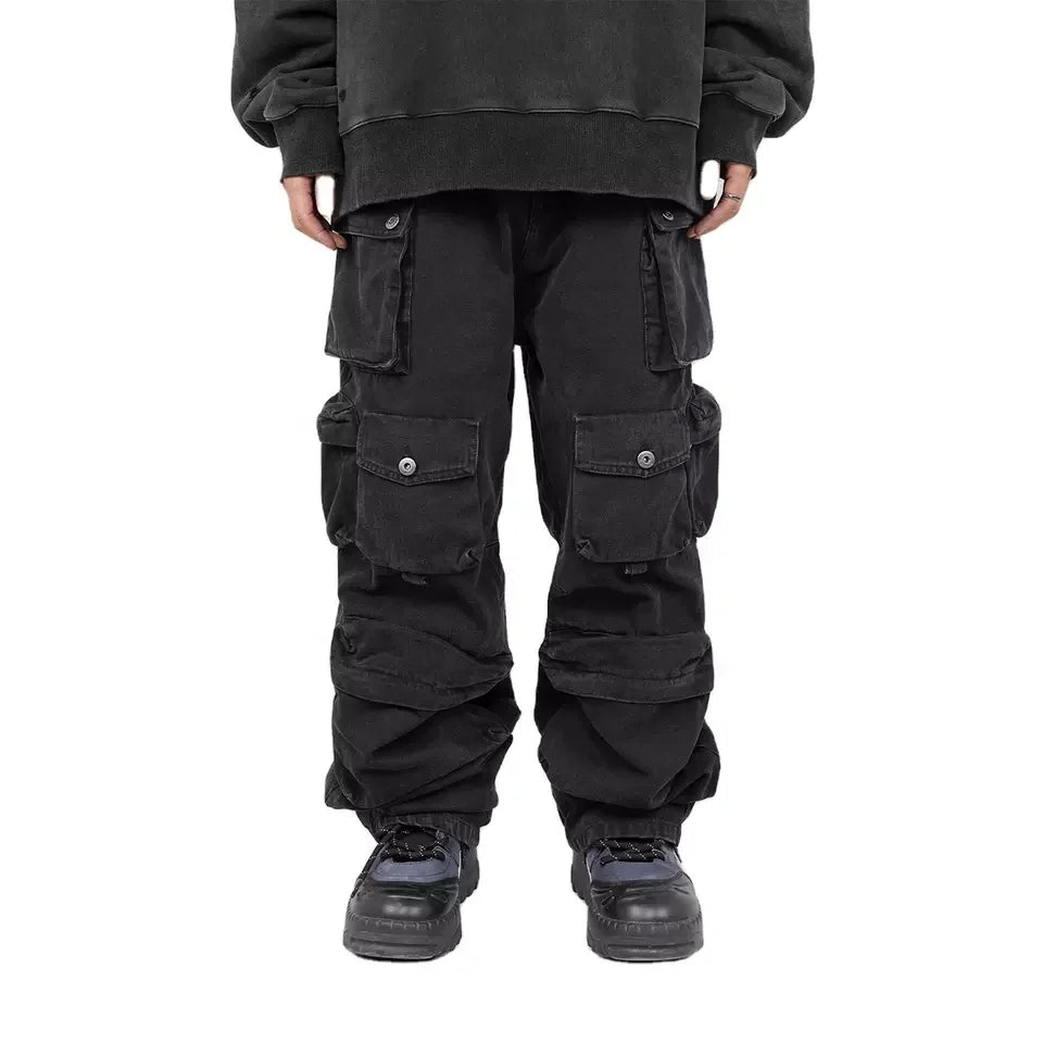OEM Custom Made Men's Fashion High Waist 8 Pocket Cotton Twill Loose Wide Leg Waterproof Cargo Pants for Winter Embroidered
