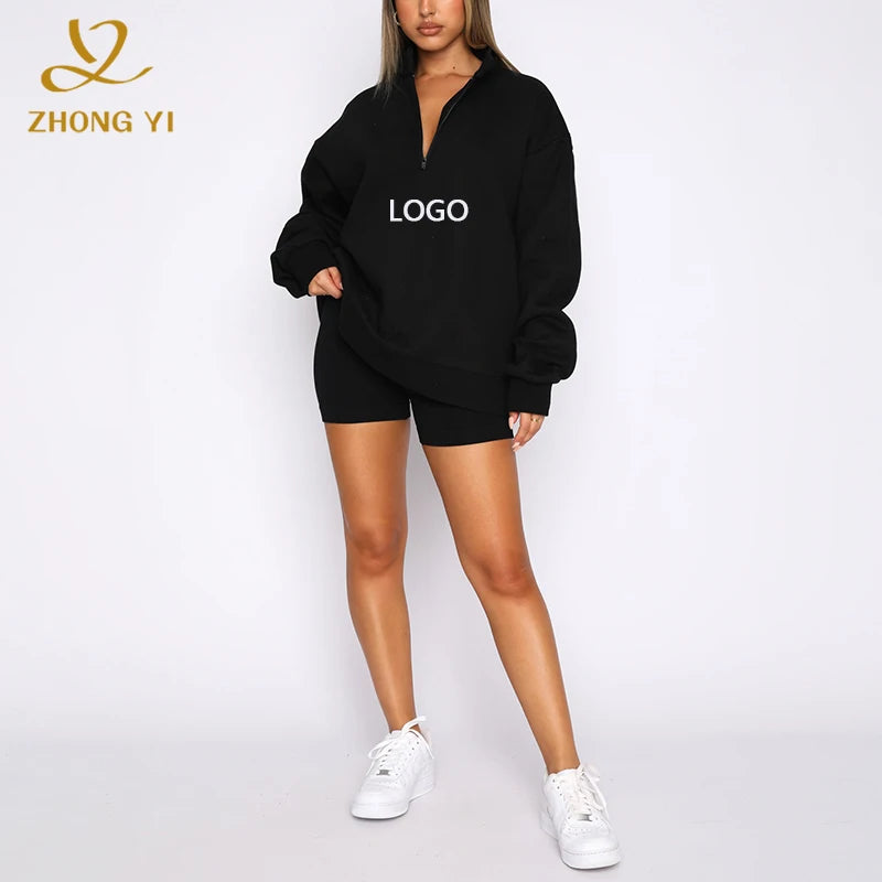 Wholesale Womens Oversized Half Zip Pullover Sweatshirts Long Sleeve Zip Fleece Hoodie Custom Logo Women Clothes