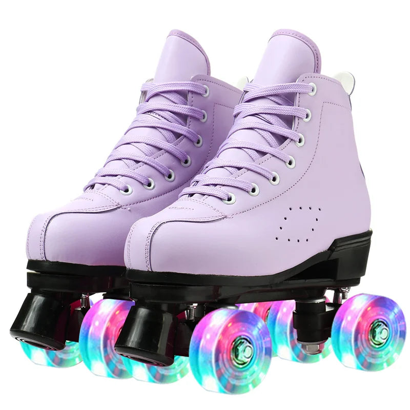 PU Leather Roller Skates Skating Shoes Sliding Inline Quad  Sneakers Training  4 Wheels Flash