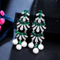 Dark Green Cubic Zirconia Crystal Dangling Long Tassel Pearl Drop Earrings Luxury Women Engagement Wedding Party Jewelry MegaBDM