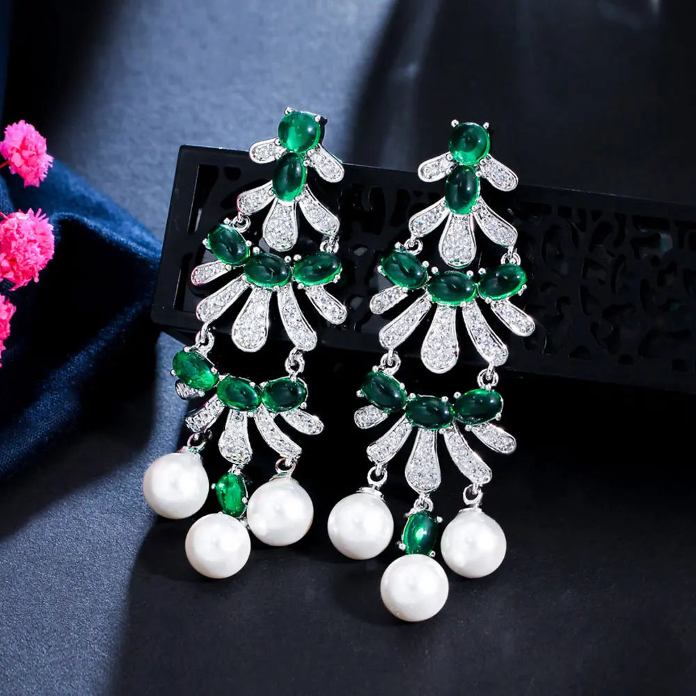 Dark Green Cubic Zirconia Crystal Dangling Long Tassel Pearl Drop Earrings Luxury Women Engagement Wedding Party Jewelry MegaBDM