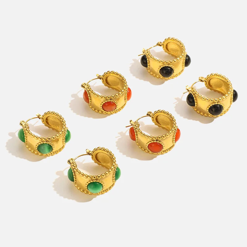 Cool 18K Gold Plated Opal Hoop Earrings Stainless Steel Fashion Jewelry for Women for Anniversaries