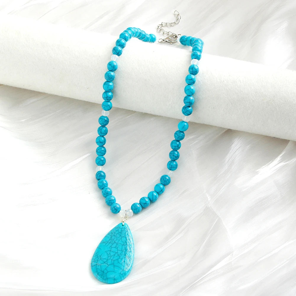 Fashion Vintage Bohemian Trend Jewelry 8mm Turquoise CCB Glass Beaded Short Necklace Drop Pendant Necklace Choker Necklace