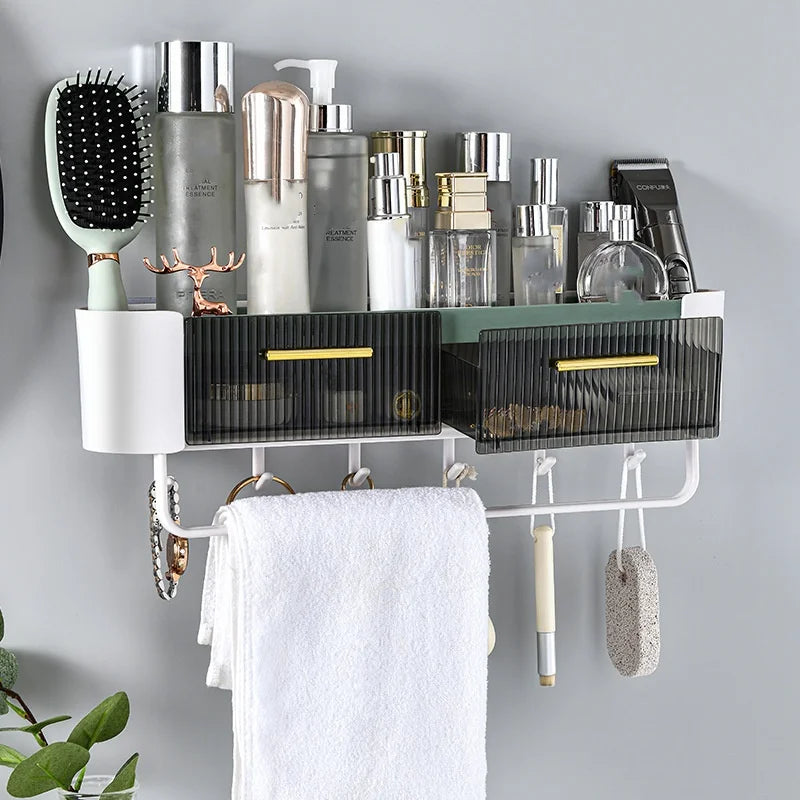 Wall-mounted Adhesive Plastic Multifunctional Bathroom Storage Rack with Hooks for Hanging