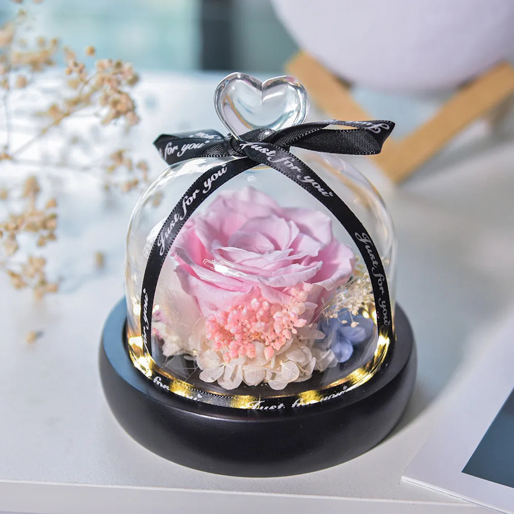 AYOYO OEM Rose Preserved Flowers Finished Colorful Rose love Glass Cover Lover's 2025 Mother's Day Gift
