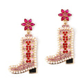 Crystal Flower Jewelry Long Party Women Rhinestone Seed Bead Statement Cowgirl Cowboy Boot Earrings
