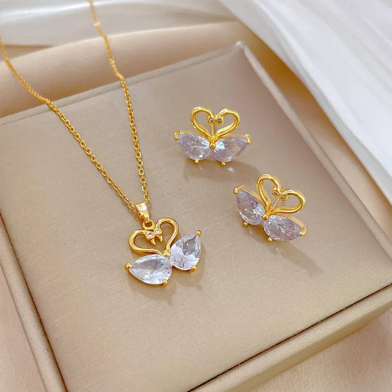Fashion 18k Gold Plated Chain Zircon Swan Pendant Earrings Set Party Earring and Collars Necklace for Women