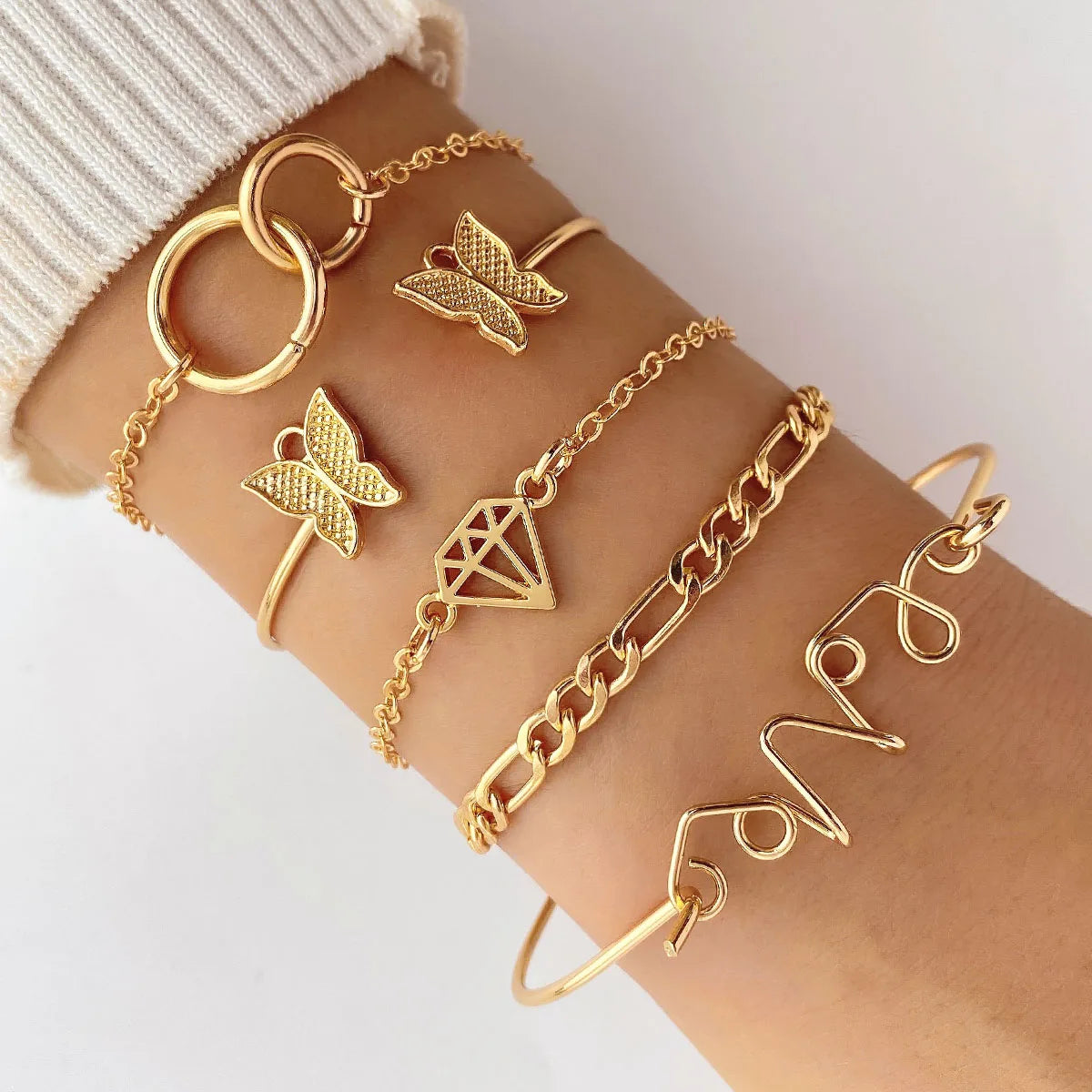 5Pcs/Set New Design Fashion Letter Butterfly Circle Open Bracelet for Women Jewelry
