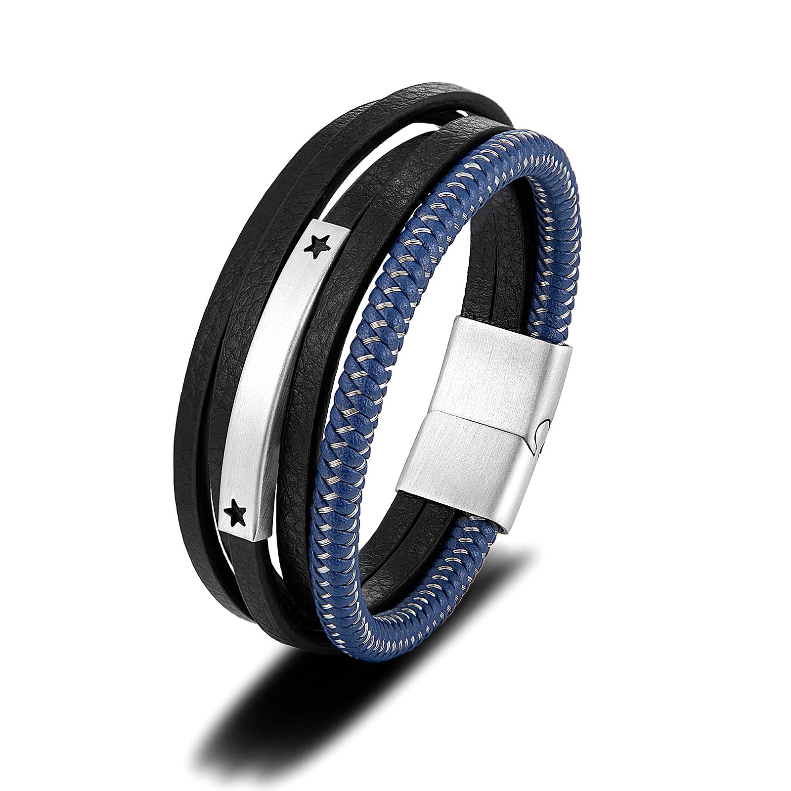 Fashion Man Bracelet Jewelry Stainless Steel Custom ID Bar Black Leather Bracelet Men Stylish Jewelry