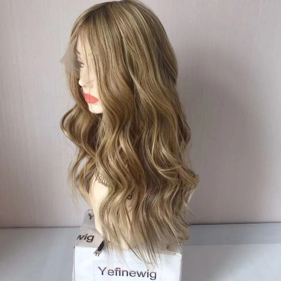 Blonde Wigs Human Hair Lace Front Long Hair Jewish Hat Wigs Silk Top