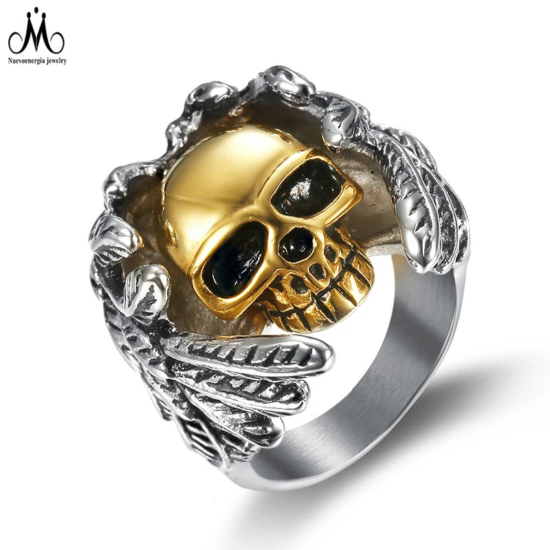 Hip Hop Engraved Gold Skull Rings for Men Waterproof 316L Stainless Steel Jewelry