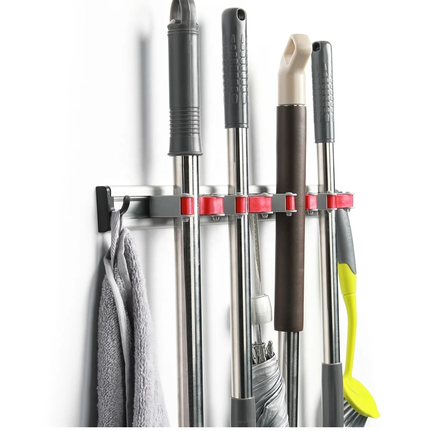 Self-Adhesive Wall Mount Mop and Broom Holder Home Kitchen Organization and Cleaning Tool Storage Rack