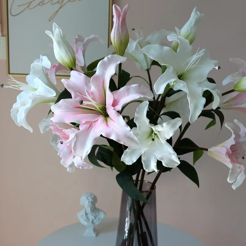 M126 Wedding Home Decor Flower Arrangement White Pink Artificial Lily Flower Bouquet Real Touch Latex Artificial Silk Lilies