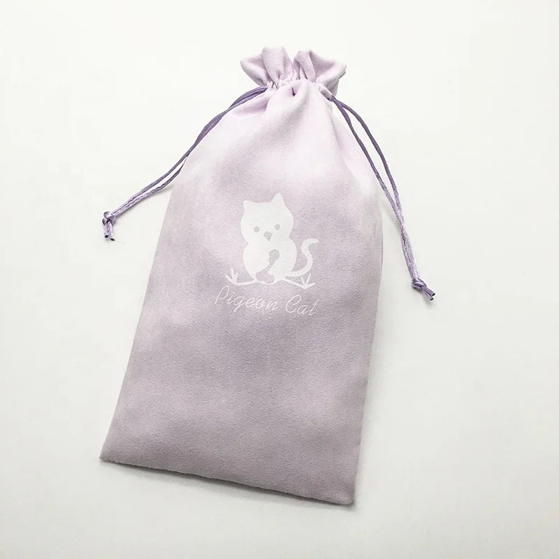 Custom Light Purple Cute  Logo Printed Gift Suede Velvet Drawstring Pouch Bag Cosmetic Pouch With Light Purple Polyester Rope