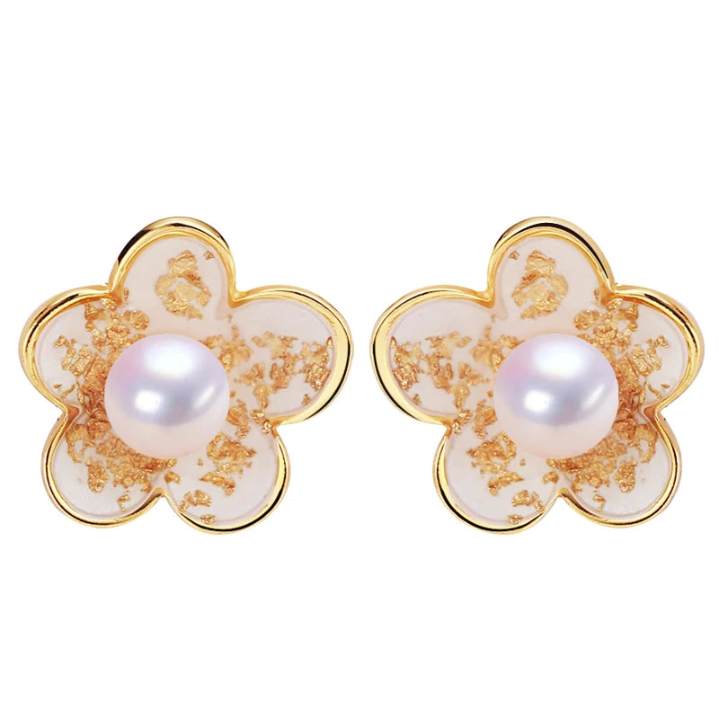 New 18K Gold-plated Flower Pearl Stud Earrings Natural Freshwater Pearl Earrings for Women
