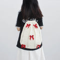 Chic Y2K Red Bows Decorated Drawstring Backpack Women's Fashionable Knitted Crochet Tote Shopping School Bucket Summer Portable