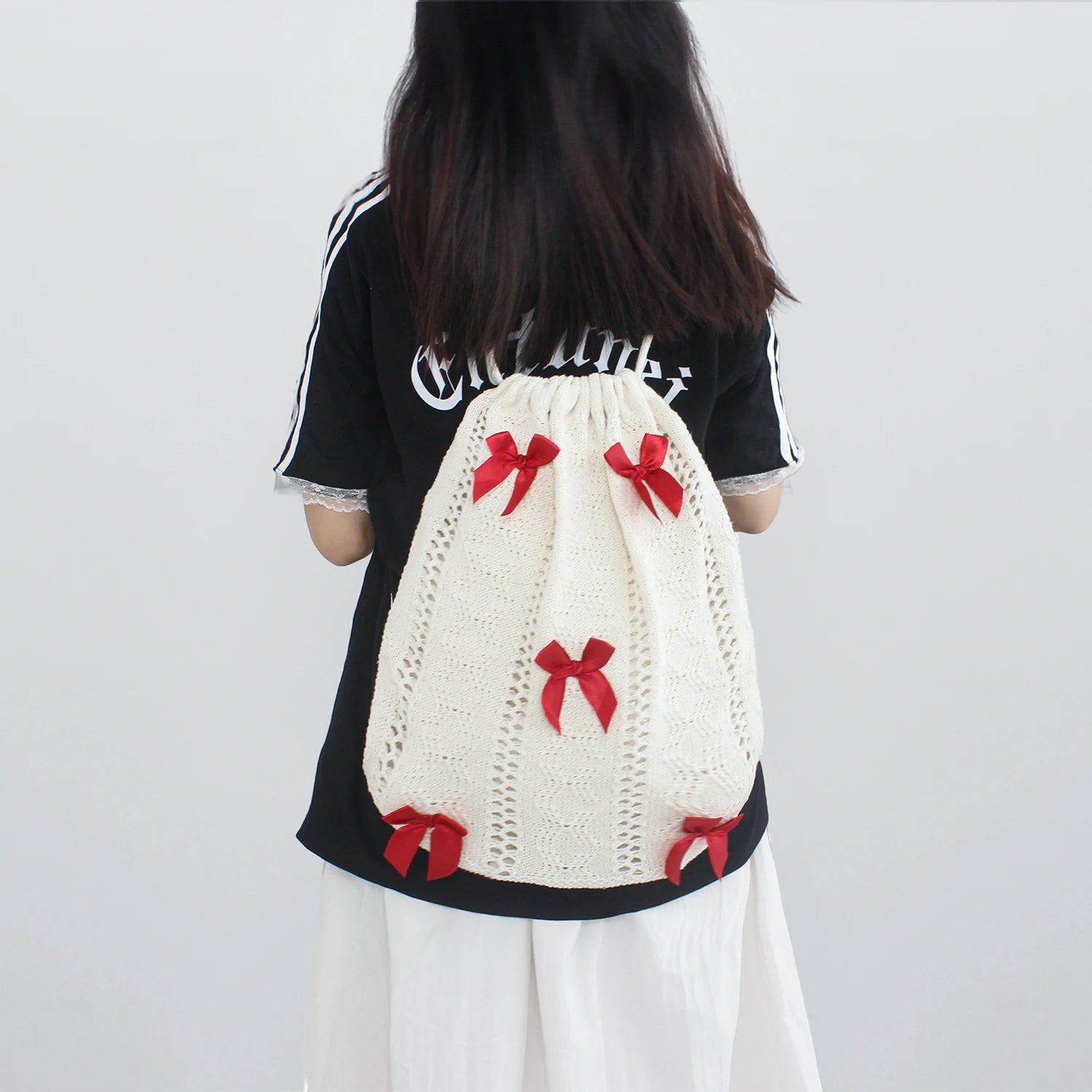 Chic Y2K Red Bows Decorated Drawstring Backpack Women's Fashionable Knitted Crochet Tote Shopping School Bucket Summer Portable