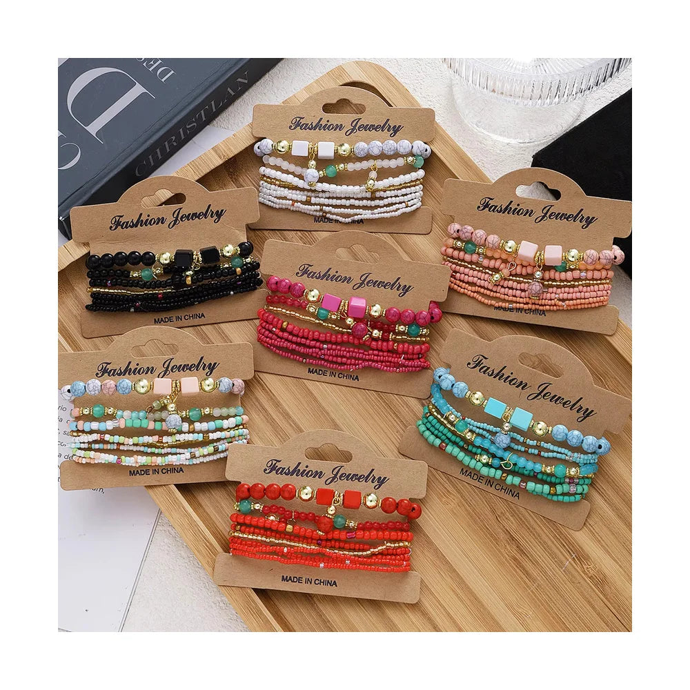 Bohemian Layered Colorful Rice Beads Handmade Beaded Leaf Shell Bracelet Luxury Crystal Geometric Stone Bracelet for Women Gift