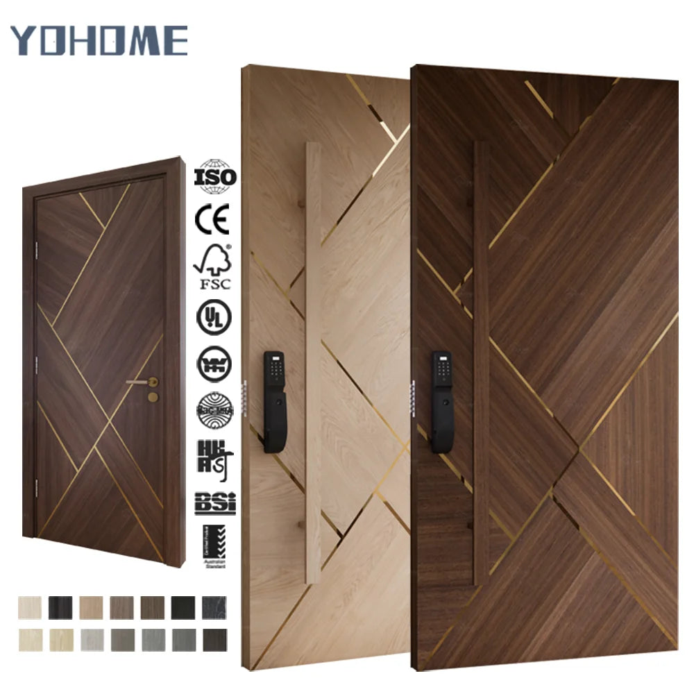 Yohome Contemporary Luxury Design Oak Wood Villa House External Door with Gold Aluminum Trim Strip Decoration Timber Plank Doors