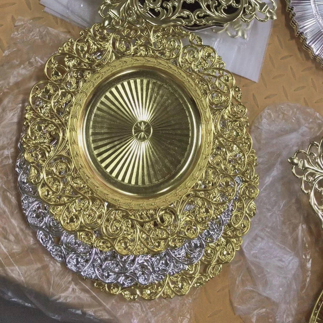 Gold Silver Rose Gold Black Irregular Edges Luxury Heavy Duty Vintage Lace Platters Fruit Bowl Tray Decorative Charger Plate
