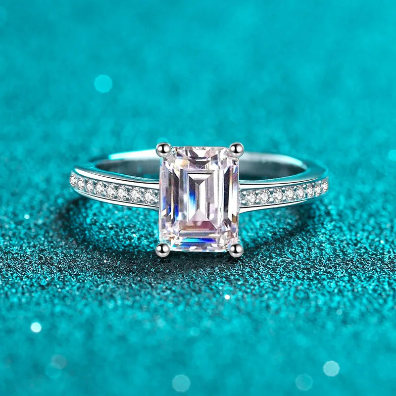 Silver 925 Original 2 Carat  Brilliant Cut Diamond Test Past D Color Emerald Moissanite Ring for Women Gift Gemstone Jewelry