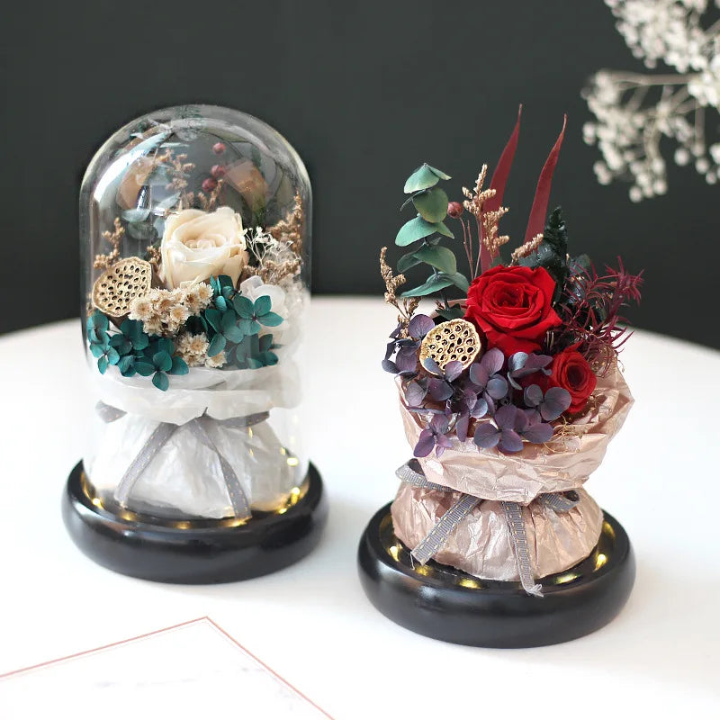 SPRING PLANTING Eternal Flower Finished Glass Cover Rose Bouquet Gift Box Creative Gift Real Flower Preserved Flowers