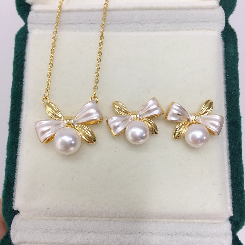 Wholesale Sweet Bow 18k Gold Plated Natural Freshwater Pearl Earrings Necklace Rings Jewelry Set