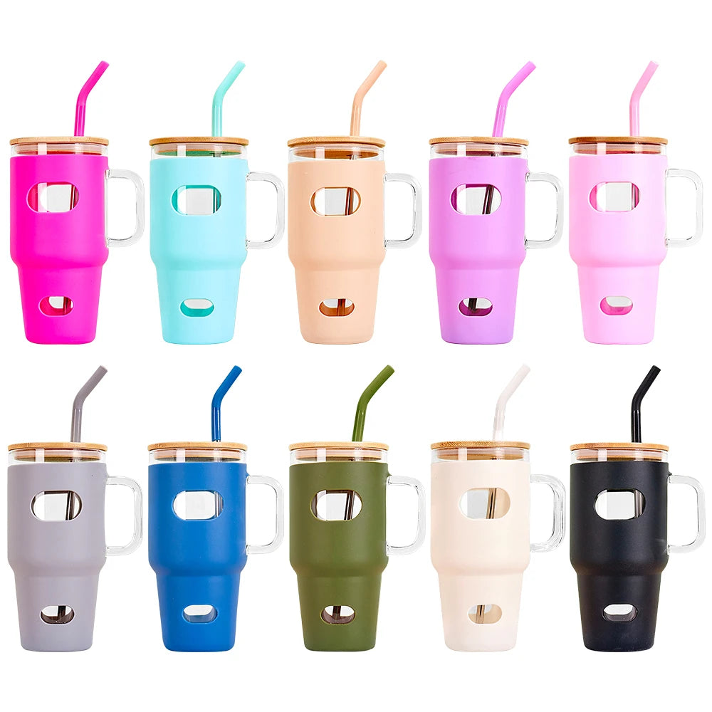 Eco Friendly 32oz Glass Tumbler with Bamboo Lid and Straw for Iced Coffee BPA-Free Silicone Water Bottles