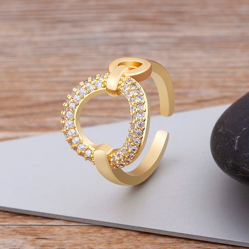 QIKU Round Shape Inlay Crystal Opening Adjustable Rings Women Copper Zircon Engagement Jewelry Accessories Gift Dropshipping